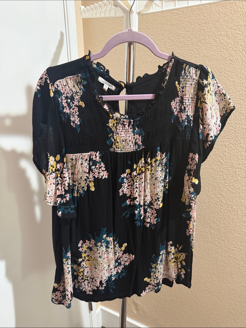 Maurices Black Floral Smocked Yoke Short Sleeve Blouse